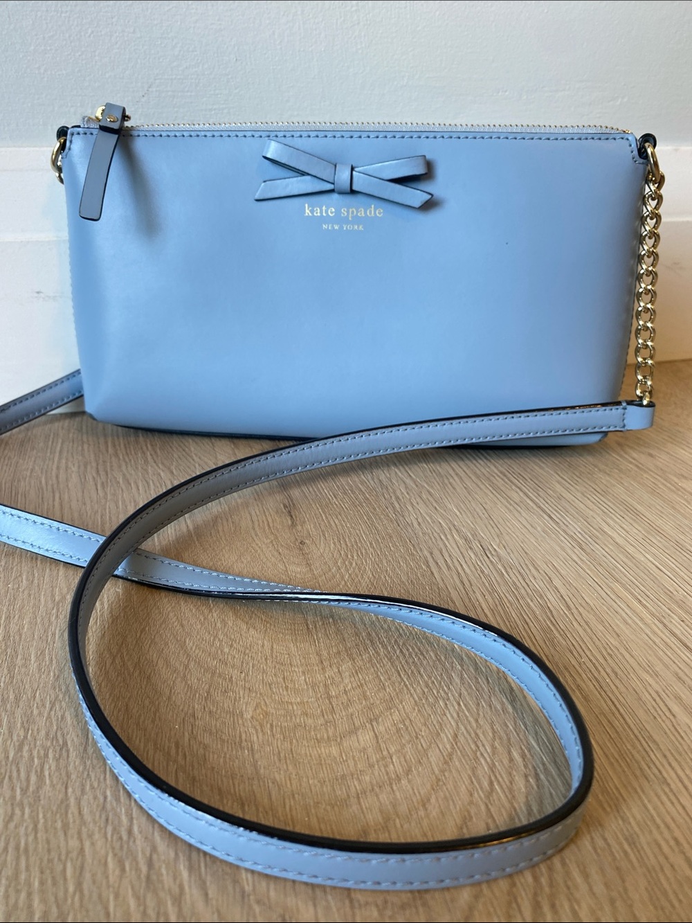 Kate Spade Blue Leather Bow Crossbody Bag Gold Chain Zip Top